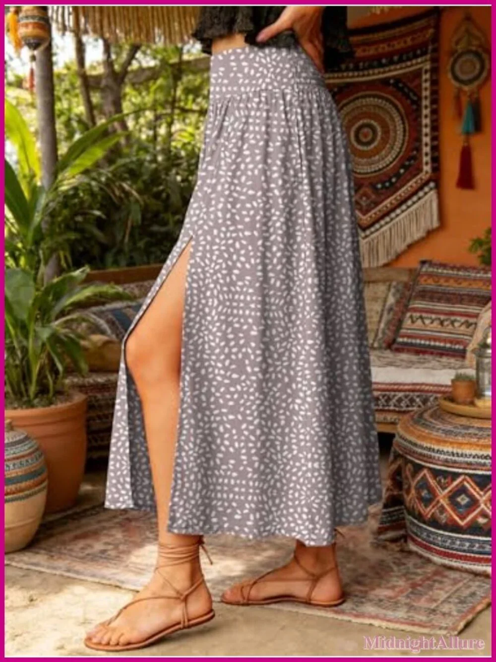 Flowy Maxi Skirt with Pockets, Boho Floral Side Slit, Summer Beach Skirt